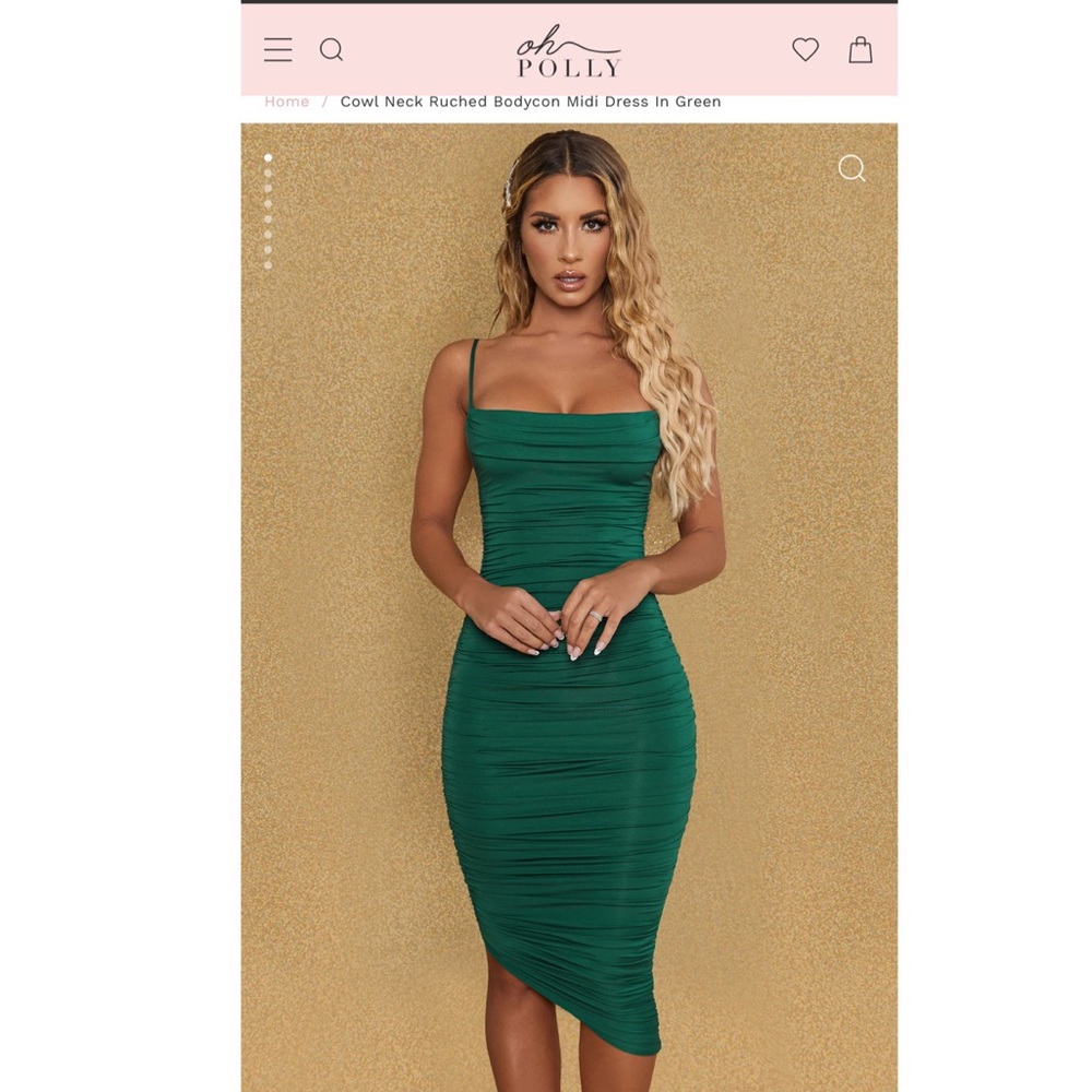 Oh Polly YOU’RE MY TYPE Cowl Neck Ruched Bodycon Midi Dress in Green